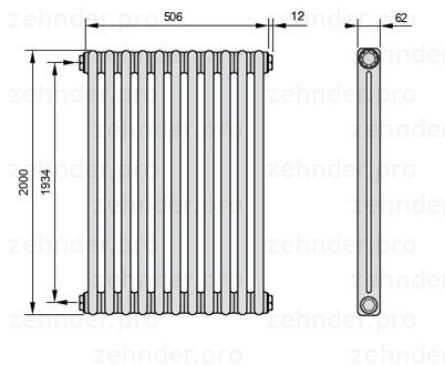 Схема (чертеж) Радиатор Zehnder Charleston 2200/11 №1270 Белый глянцевый RAL 9016
